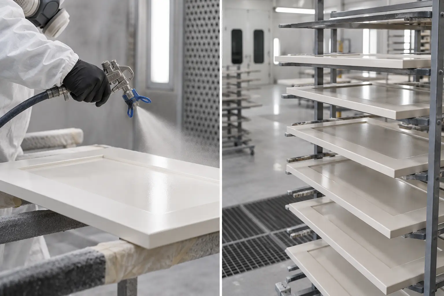 Porte d’armoire pulvérisée à plat et portes séchant sur un support professionnel